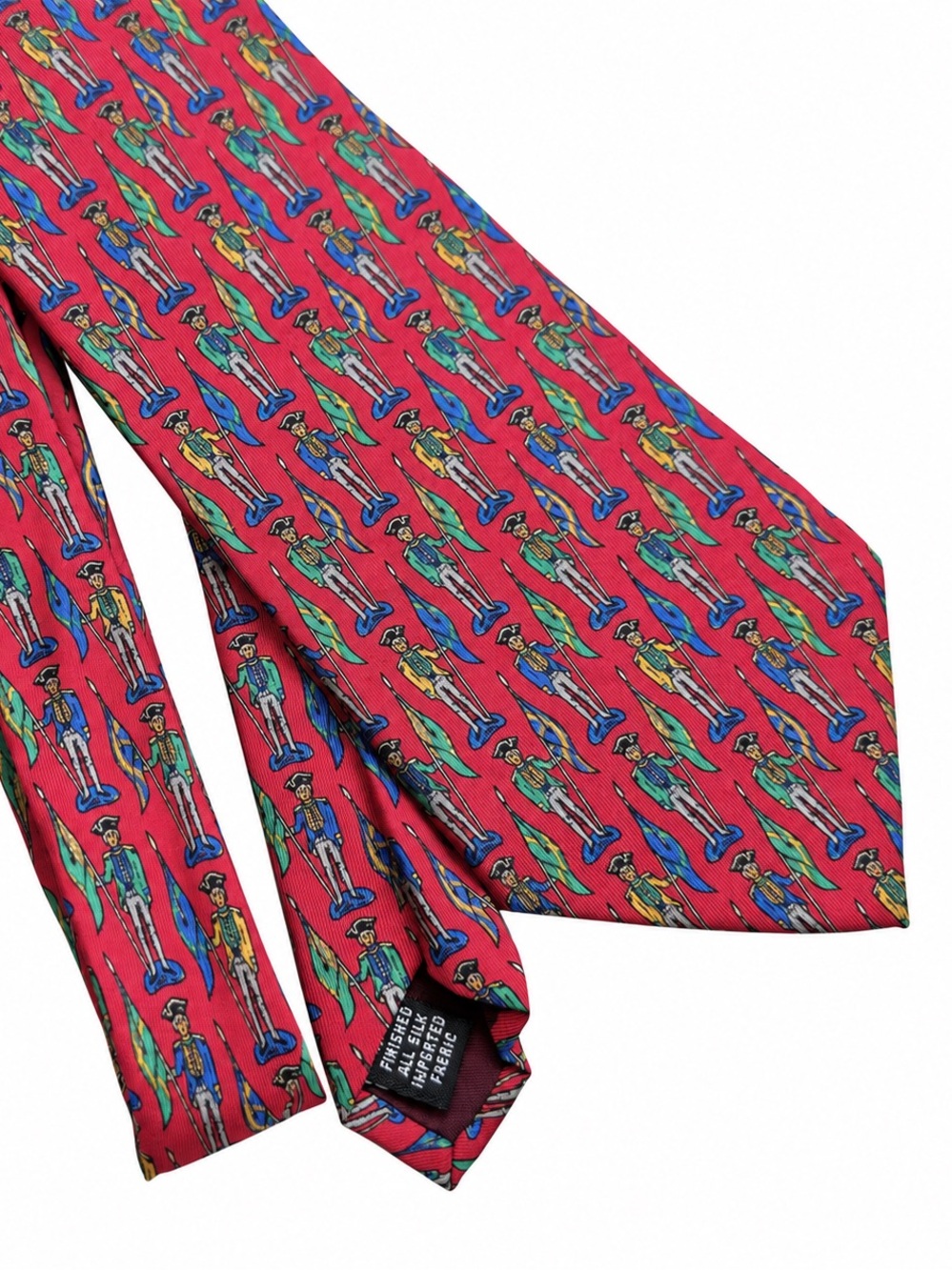 VTG J.G. Hook Silk Tie Red Colonial Soldier Flag Novelty Preppy USA Made 57”x4”